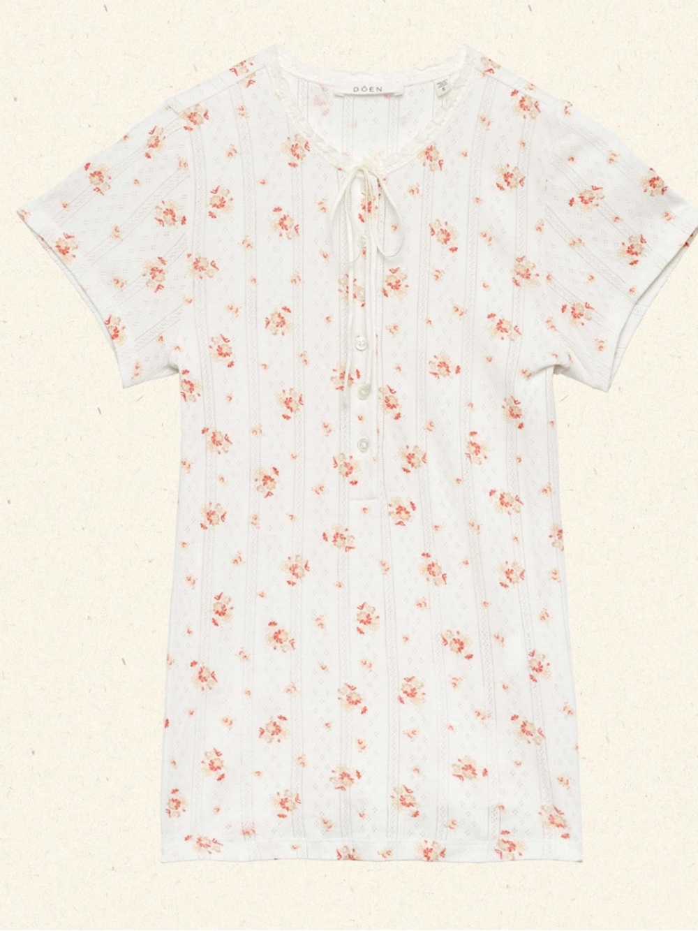 Doen Brie Knit Tee with Peach Floral Print and Tie Neck Size Small